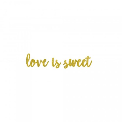 Gold glittered "Love Is Sweet" banner, 12 feet long, perfect for weddings and romantic celebrations, adds a festive touch.