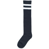 Colorful knee-high rainbow striped socks made from soft cotton and spandex for stylish comfort and durability.