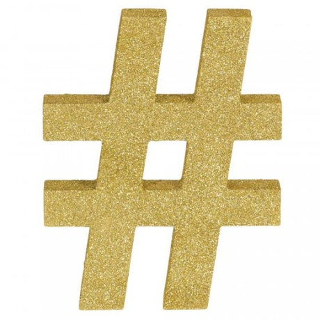 Gold glittered MDF hashtag decoration, 22cm tall, perfect for stylish home and event decor.