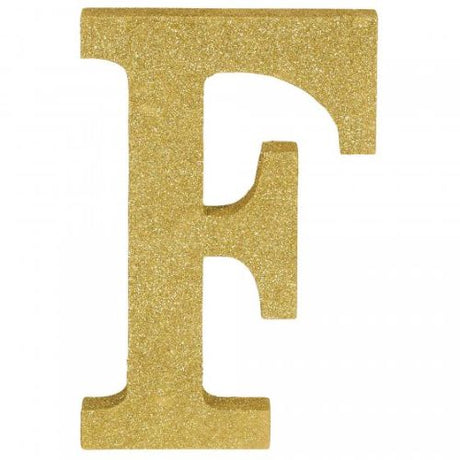 Gold glittered wooden letter F, 22cm high, perfect for stylish home decor or personal gifts.