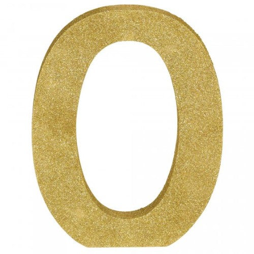 Gold glitter letter O decoration made from MDF, perfect for home decor and events, adding glamour and personalization.