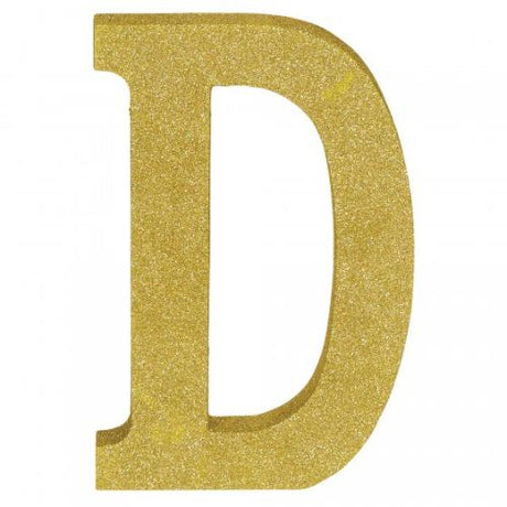 Gold glittered wooden letter D, 22cm high, adds elegance and charm to any decor or celebration.