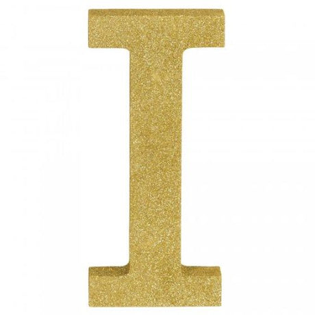 Gold glittered wooden letter "I" decoration, 22cm tall, ideal for elegant home decor and personalized displays.