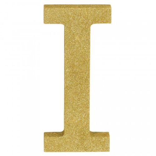 Gold glittered wooden letter "I" decoration, 22cm tall, ideal for elegant home decor and personalized displays.