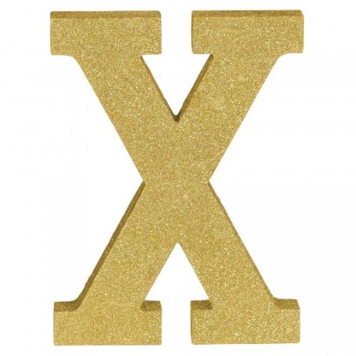 Gold glitter wooden letter X decoration, 22cm high, adds elegance and sparkle to any home decor or event.