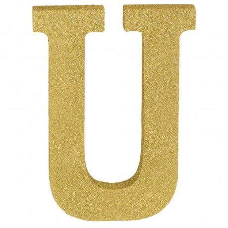 Gold glittered wooden letter U, 22cm high, adds charm and elegance to home decor and special occasions.