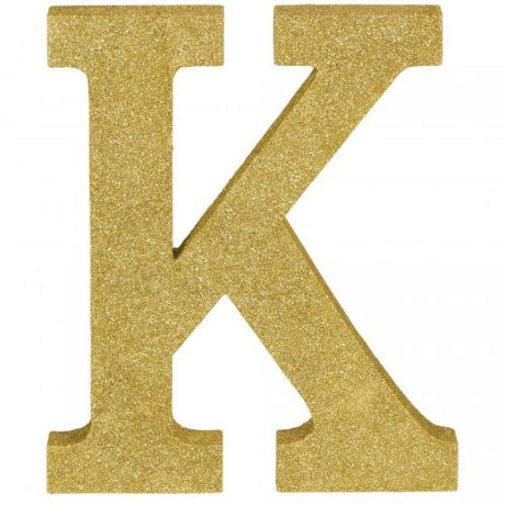 Gold glittered wooden Letter K decoration, 22cm high, perfect for personalizing home decor or events with elegance.