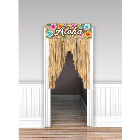 Vibrant Summer Luau Aloha Beach Door Curtain with colorful fringe, perfect for tropical-themed parties and celebrations.