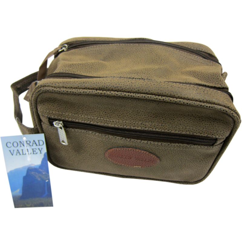 Brown toiletry bag designed for travel, featuring multiple compartments for organizing grooming essentials stylishly.