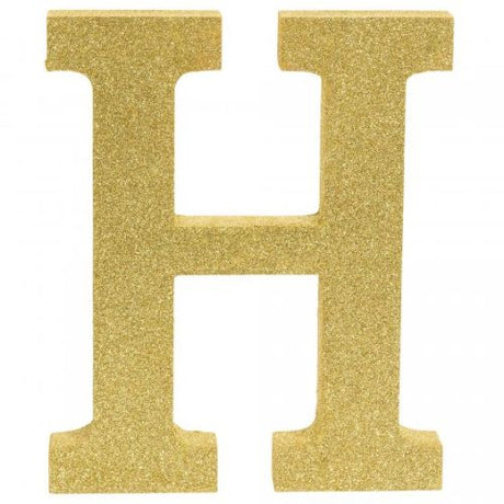 Gold glittered wooden letter H decoration, 22cm high, adds glam to home decor or events. Perfect for personalizing spaces.