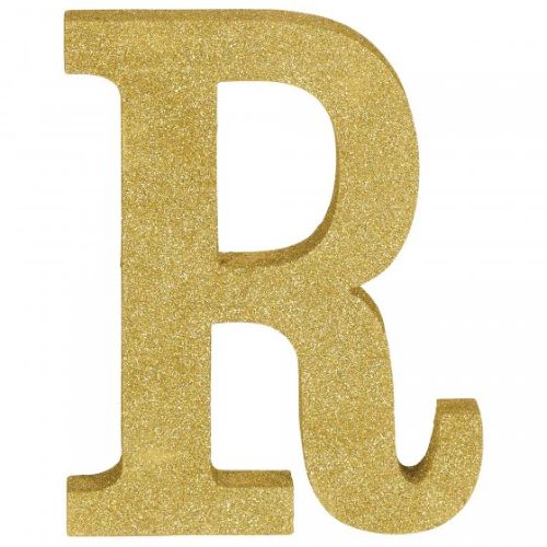 Gold glittered wooden Letter R decoration, 22cm high, adds elegance to home decor or special events.