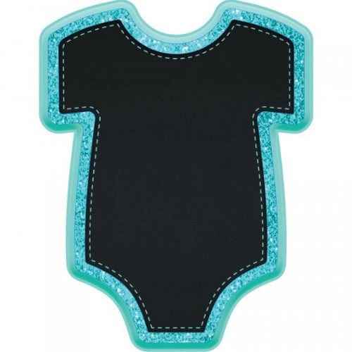 Baby boy bodysuit-shaped MDF easel with glitter, perfect for displaying photos and nursery decor.