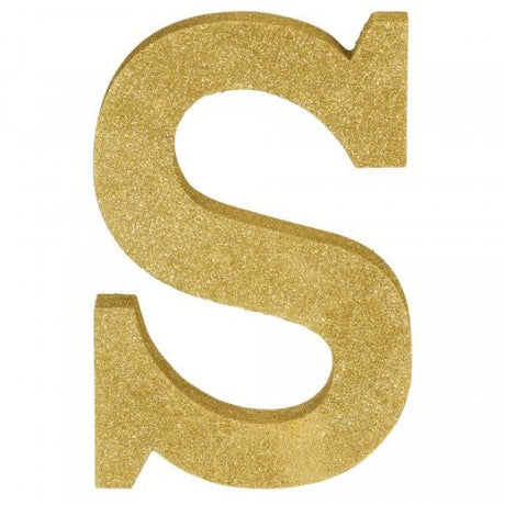 Gold glittered wooden letter 'S' decoration, 22cm high, perfect for home decor, events, and personalized gifts.