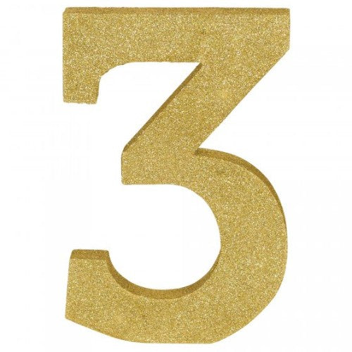 Gold glittered MDF Number 3 decoration, 22cm high, perfect for festive occasions and adding glamour to any space.