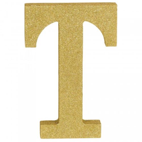 Gold glittered wooden letter T decoration, 22cm high, perfect for elegant home decor and personalized gifts.