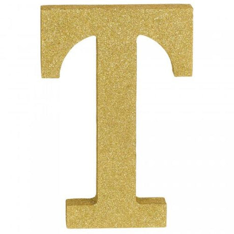 Gold glittered wooden letter T decoration, 22cm high, perfect for elegant home decor and personalized gifts.