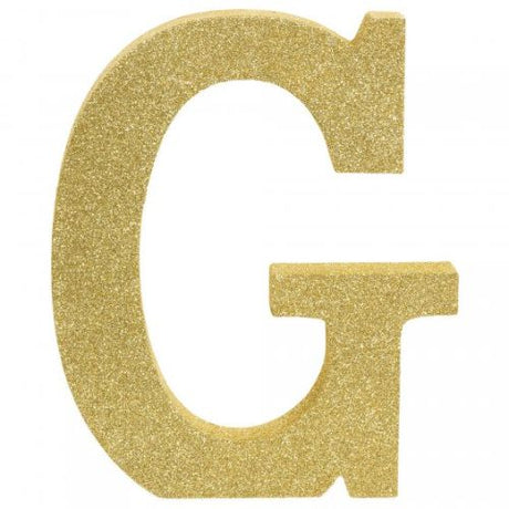 Gold glittered wooden letter G decoration, 22cm high, adds elegance and sparkle to any home or event decor.