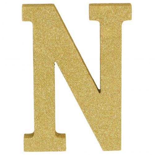 Gold glittered wooden letter N, 22cm high, perfect for home decor, parties, and personalized gifts.