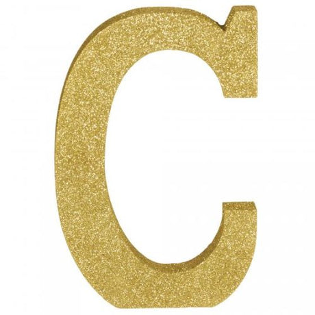 Gold glittered wooden Letter C decoration, 22cm high, perfect for personalized home decor or gifts.