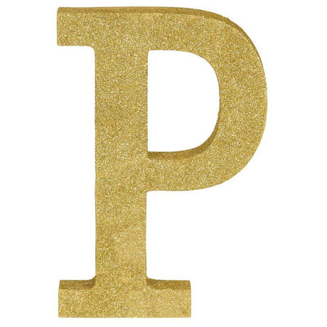 Gold glittered letter P decoration made of MDF, 22cm high, perfect for home decor and special events.