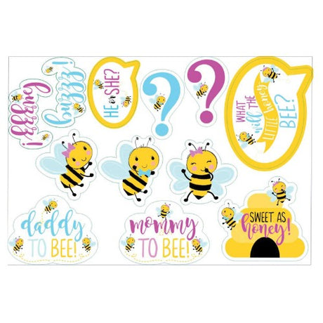 Colorful "What Will It Bee?" cardboard cutouts in assorted shapes, ideal for decorating parties and events, pack of 12.