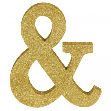 Gold glittered wooden letter symbol and ampersand decoration, 22cm high, ideal for elegant home decor and special events.