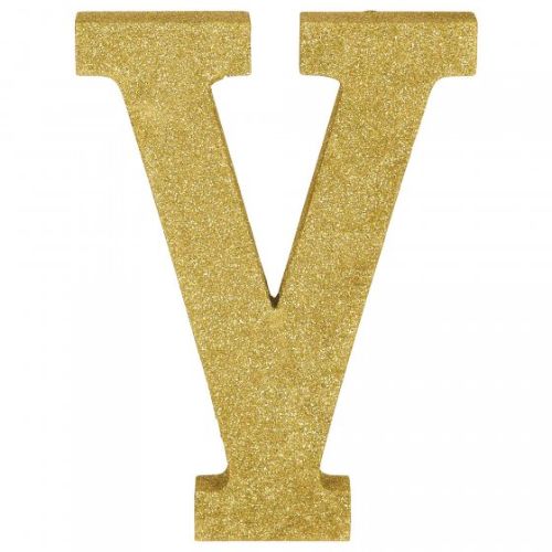 Gold glittered wooden letter V decoration, 22cm high, perfect for home decor and special occasions.