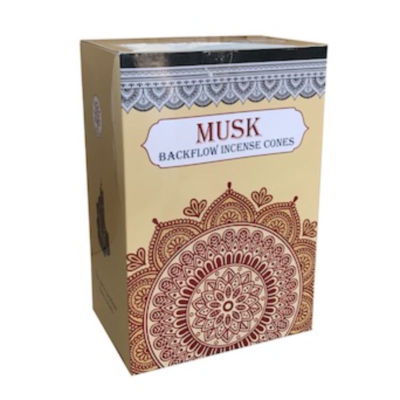 A pack of 12 Sacred Tree Musk Backflow Cones, designed for relaxation with non-toxic, eco-friendly ingredients.