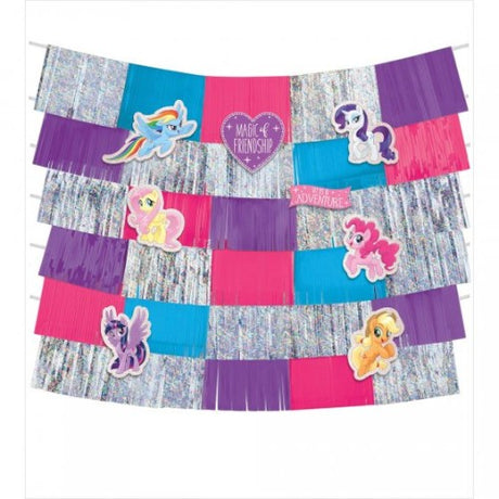 My Little Pony backdrop kit featuring a 58.5x60 inch backdrop with 8 colorful character cutouts for party decoration.