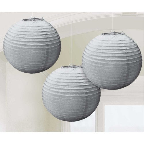 Elegant silver round paper lanterns, 9.5 inches, pack of 3, perfect for weddings and parties to enhance decor.