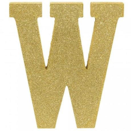 Gold glittered wooden letter W, 22cm high, perfect for personalizing home decor and creating a shimmering focal point.