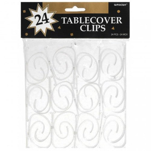 Clear plastic table cover clips in a pack of 24, designed to secure table covers for outdoor events and prevent slips.