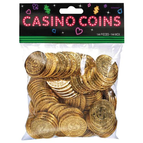 Set of 144 dazzling 19cm plastic gold coins for casino-themed parties and events, perfect for gaming and decorations.