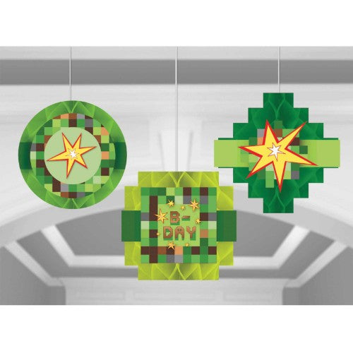 Colorful honeycomb hanging decorations in pack of 3, featuring sizes 15cm and 19cm for vibrant party decor.
