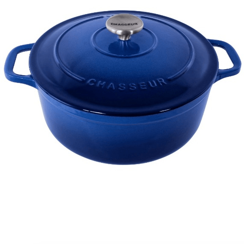 Chasseur 28 Round Oven in Azure, featuring durable cast iron, ergonomic handles, and self-basting lid for flavorful dishes.