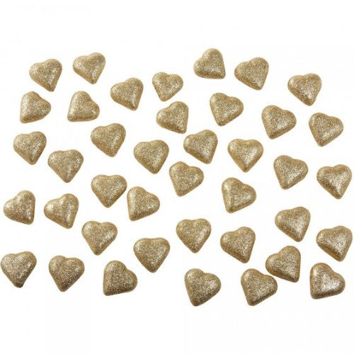 Gold glittered foam hearts for table decor, 3.5cm, pack of 40, perfect for weddings and celebrations.