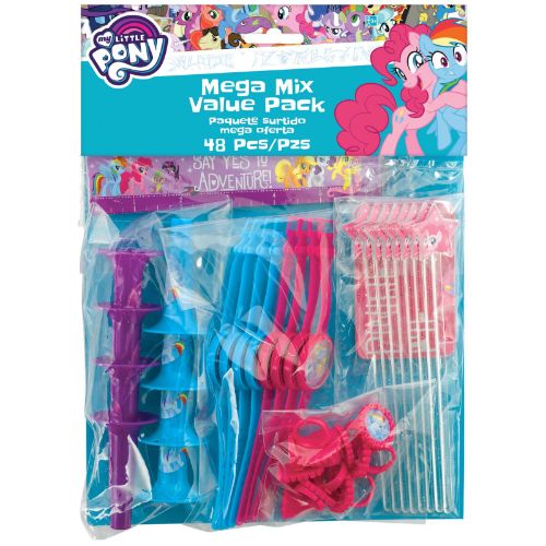 Colorful My Little Pony-themed loot bag fillers featuring stickers and party favors, perfect for birthday celebrations.