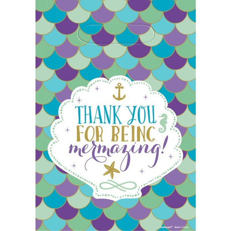 Colorful mermaid-themed plastic loot bags, perfect for kids' parties, holding treats and treasures in style. Pack of 8.