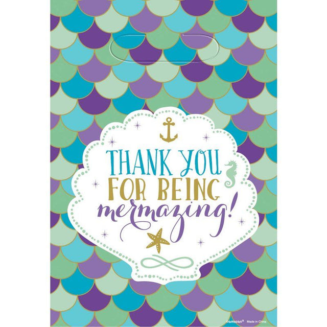 Colorful mermaid-themed plastic loot bags, perfect for kids' parties, holding treats and treasures in style. Pack of 8.