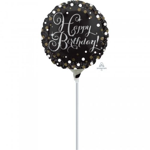 Foil balloon measuring 22cm, featuring colorful "Happy Birthday" text and a shimmering design for festive celebrations.