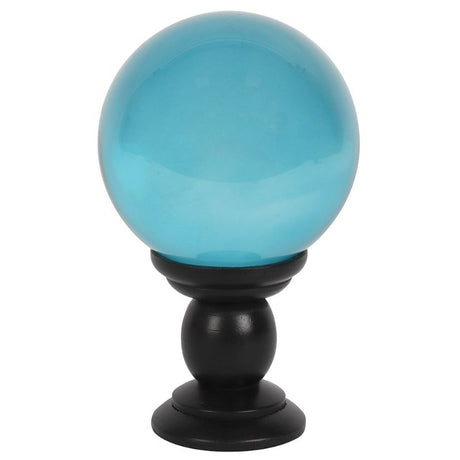 Teal 130mm crystal ball on black wooden stand, perfect for home decor and spiritual practices like fortune telling.