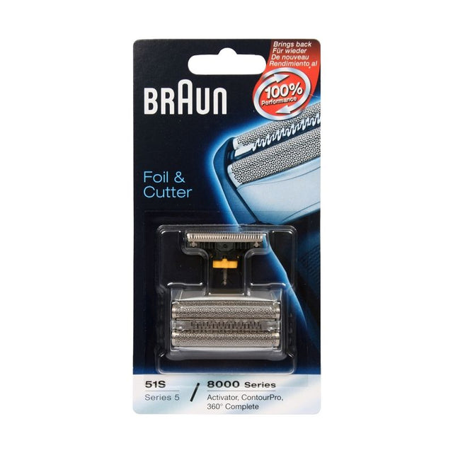 Braun 51S foil and cutter combipack for smooth shaving, compatible with multiple shaver models, easy to install and washable.