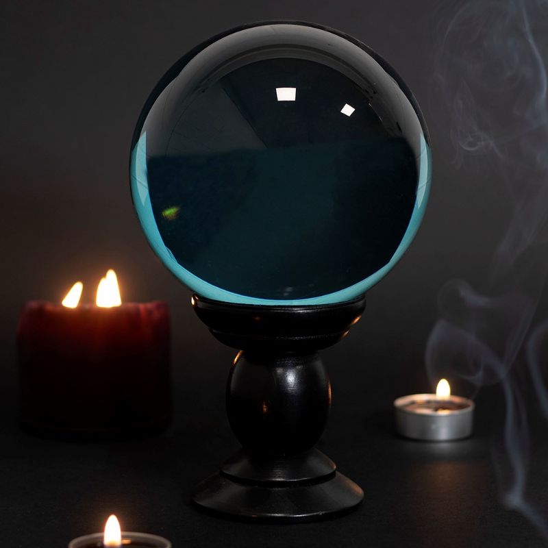 Teal 130mm crystal ball on elegant black wooden stand, perfect for décor and spiritual practices like fortune telling.