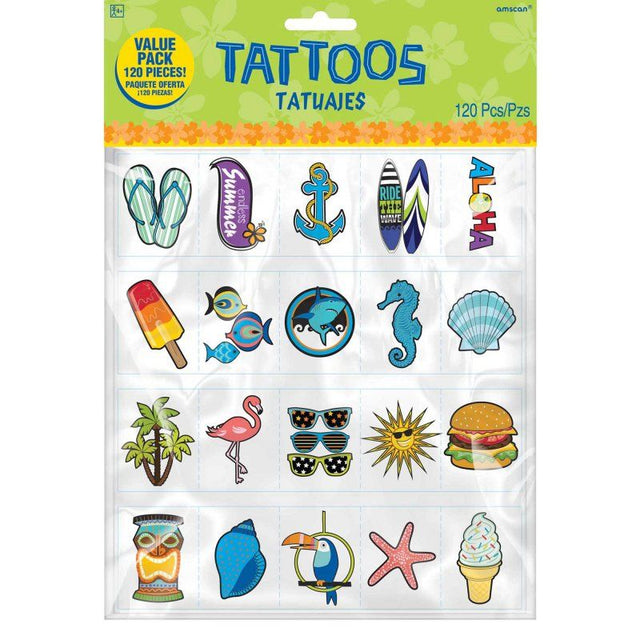 Colorful pack of 120 unique summer-themed temporary tattoos, perfect for parties, festivals, and creative expression.