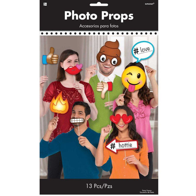 Colorful photo booth props pack featuring 13 expressive phrases for fun party moments and memorable photos.