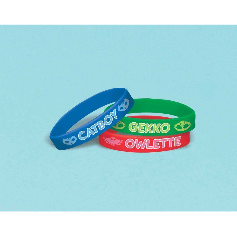 Colorful PJ Masks rubber bracelets featuring Catboy, Owlette, and Gekko, perfect for party favors and imaginative play.