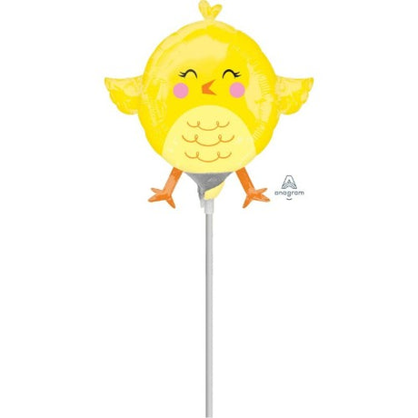 Mini foil balloon shaped like a cheerful chicky, vibrant yellow, perfect for parties and celebrations.