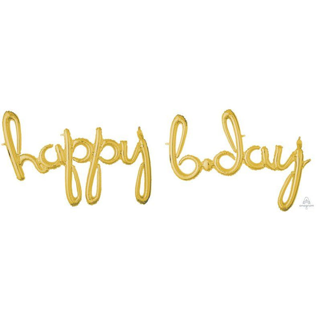 Gold "Happy Bday" foil balloons, measuring 99cm x 68cm and 93cm x 68cm, perfect for festive birthday celebrations.