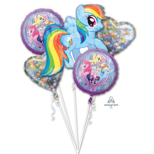 Vibrant My Little Pony balloon bouquet with 1 shaped and 4 standard foil balloons for festive celebrations and parties.