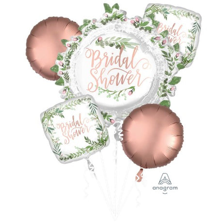 Elegant bouquet of 5 bridal shower balloons featuring love and leaves theme, perfect for creating memorable decorations.